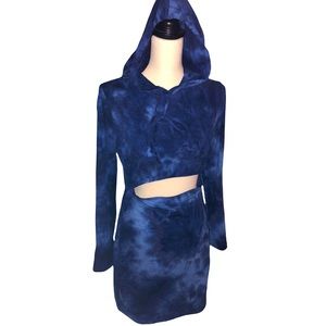 Blue tie-dye Stretchy Open Belly midriff Dress with Hood Sz L
